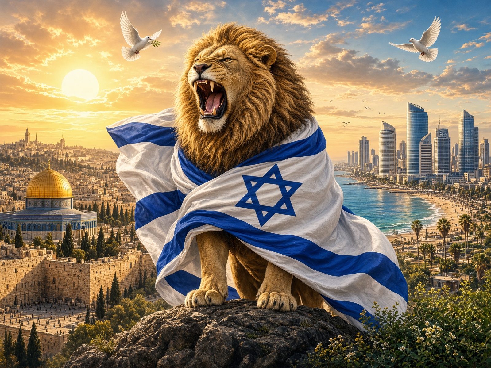 האריה של ישראל עומד על המשמר - ירושלים ברקע